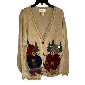 Bear Knitted Sweater Cardigan Vintage 80s Womens XL